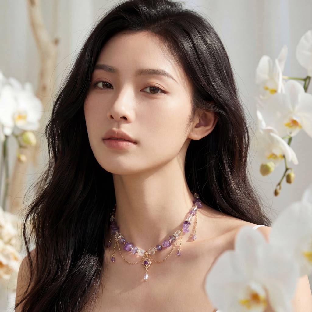 Korean Amethyst Mist & Crystal Gold Drop Necklace : YUFSNL255