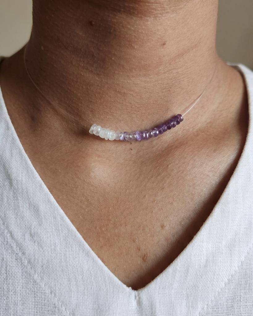 Natural Amethyst And Moonstone Invisible Thread Necklace | Pure Gemstone Jewellery : NAMINNE