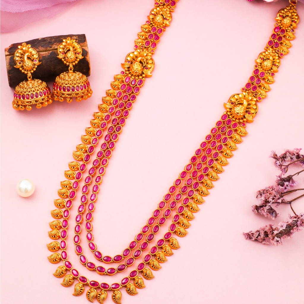 South Indian Temple Jewellery Long Haram Bridal Necklace Set With Ruby Stones : K-608