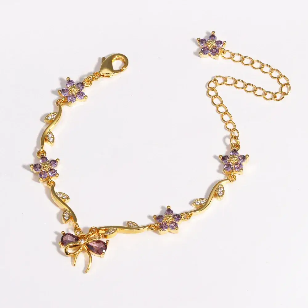 Luxury Purple Butterfly & Floral Charm Bracelet For Women | Gold Plated Adjustable Crystal Bracelet | Elegant F : AST-BRA-0098