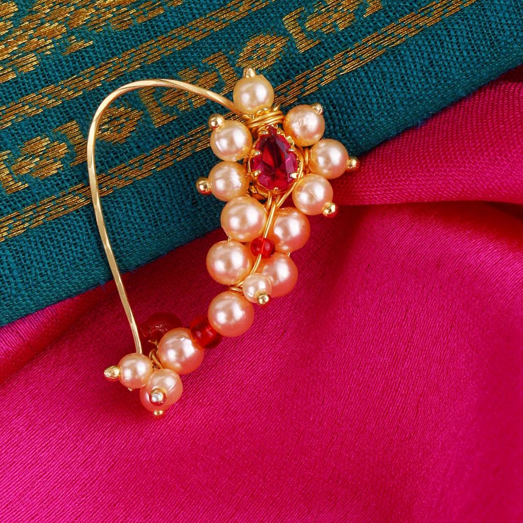 Traditional Designer Oval Shape Gold Plated Combo Set Of 2 Maharashtrian Nosepin / Nath Without Piercing : 98NT-P32_98NT-P72-8