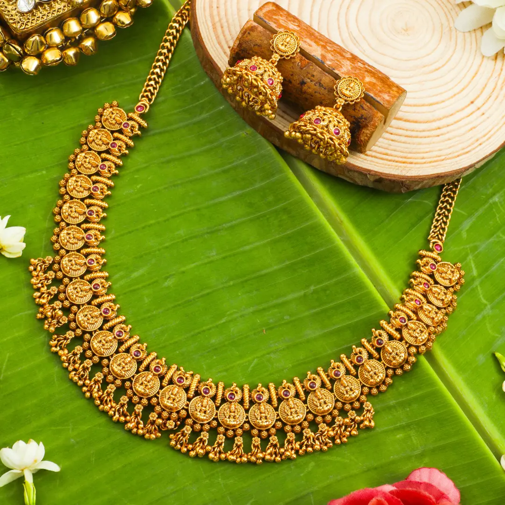 1 Gram Gold Plated Temple Jewellery Set | Two Row Coin Medallion Necklace : K-1853