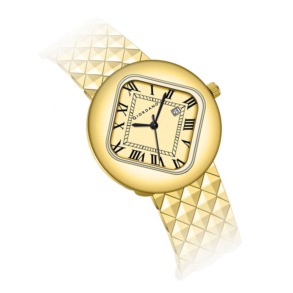 Giordano Elegant Analoge Watch For Women - Unique Rounded-Square Dial, Roman Numeral Dial, Date Display And Text : GZ-60121-33