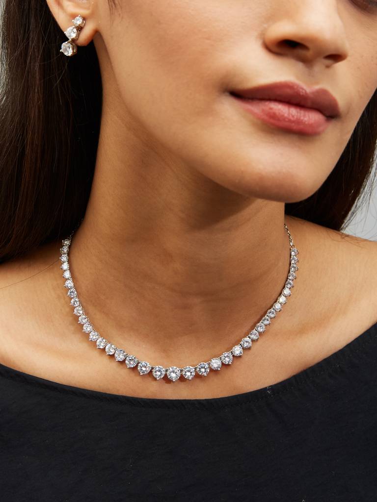 Cz Solitaire Silver Necklace Set. : YI24A0092N