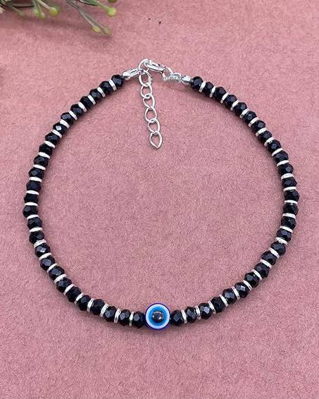 925 Pure Silver Nazariya Bracelets | Silver Evil Eye Beaded Bracelet (Pair Of 2) : BR1053
