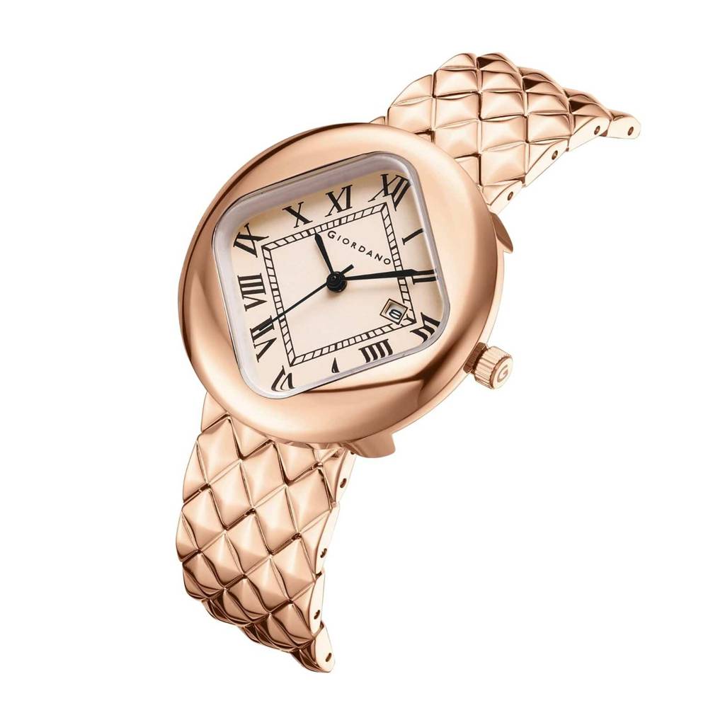 Giordano Elegant Analoge Watch For Women - Unique Rounded-Square Dial, Roman Numeral Dial, Date Display And Text : GZ-60121-11