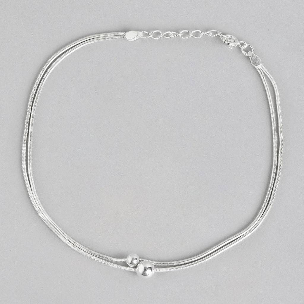 Double String Bead Rhodium Plated 925 Sterling Silver Chain Anklet : ANK-60190-PAIR