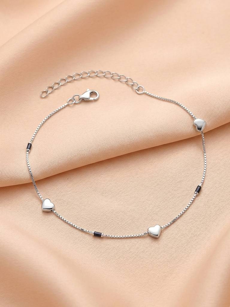 The Amour Silver Heart & Black Bar Box Chain Anklet : AK1120