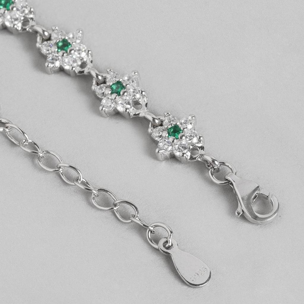 Floral Green Cz Rhodium Plated 925 Sterling Silver Anklet : ANK-60332-PAIR-R