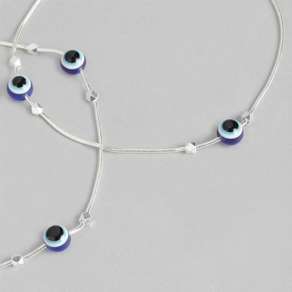 Evil Eye Beaded Rhodium Plated 925 Sterling Silver Chain Anklet : ANK-60194-PAIR