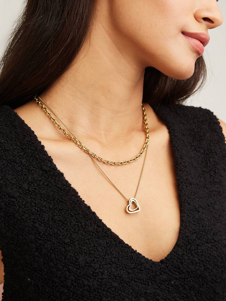 Gold Tone 2 Layer Heart Pendant Necklace : YI24A0088N
