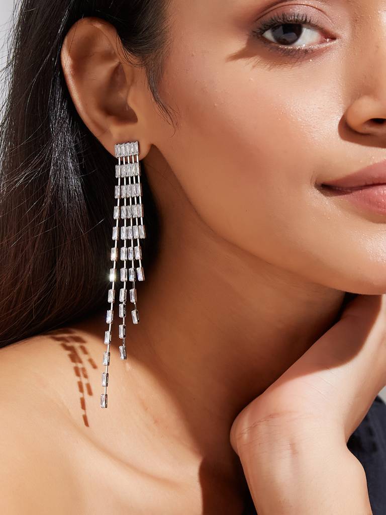 Cz Stone Silver Statement Earrings : YI24A0151E