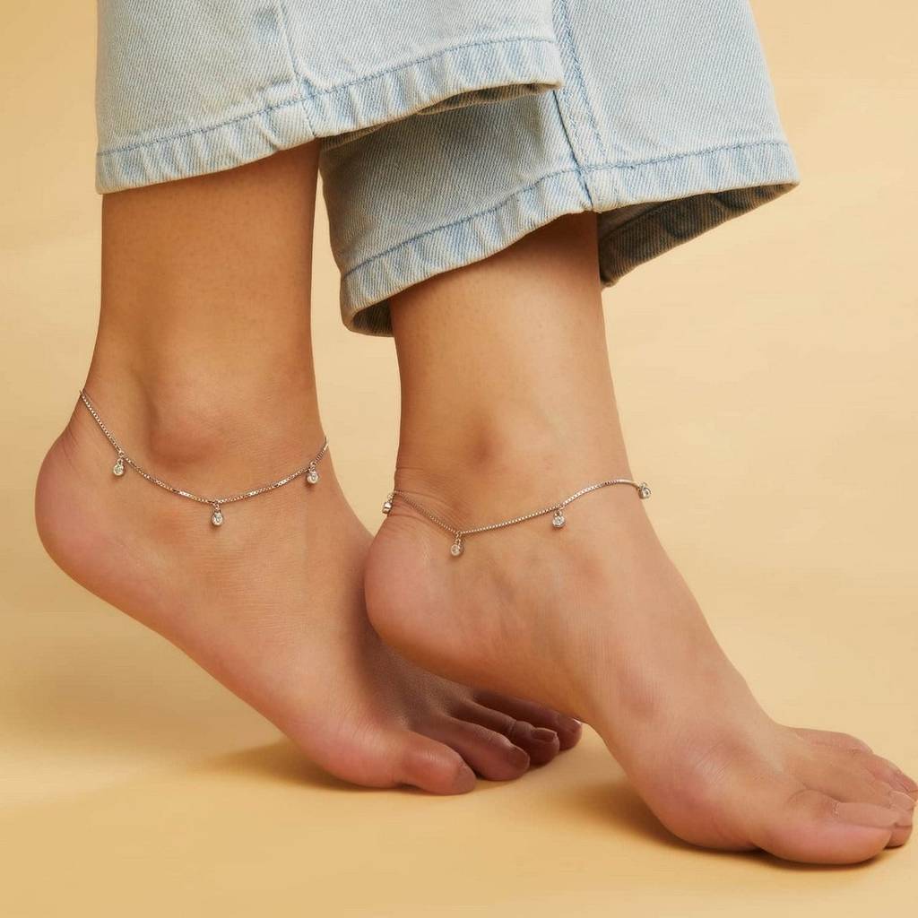 Zavya Drop Rhodium Plated 925 Sterling Silver Anklet : ANK-60104-PAIR