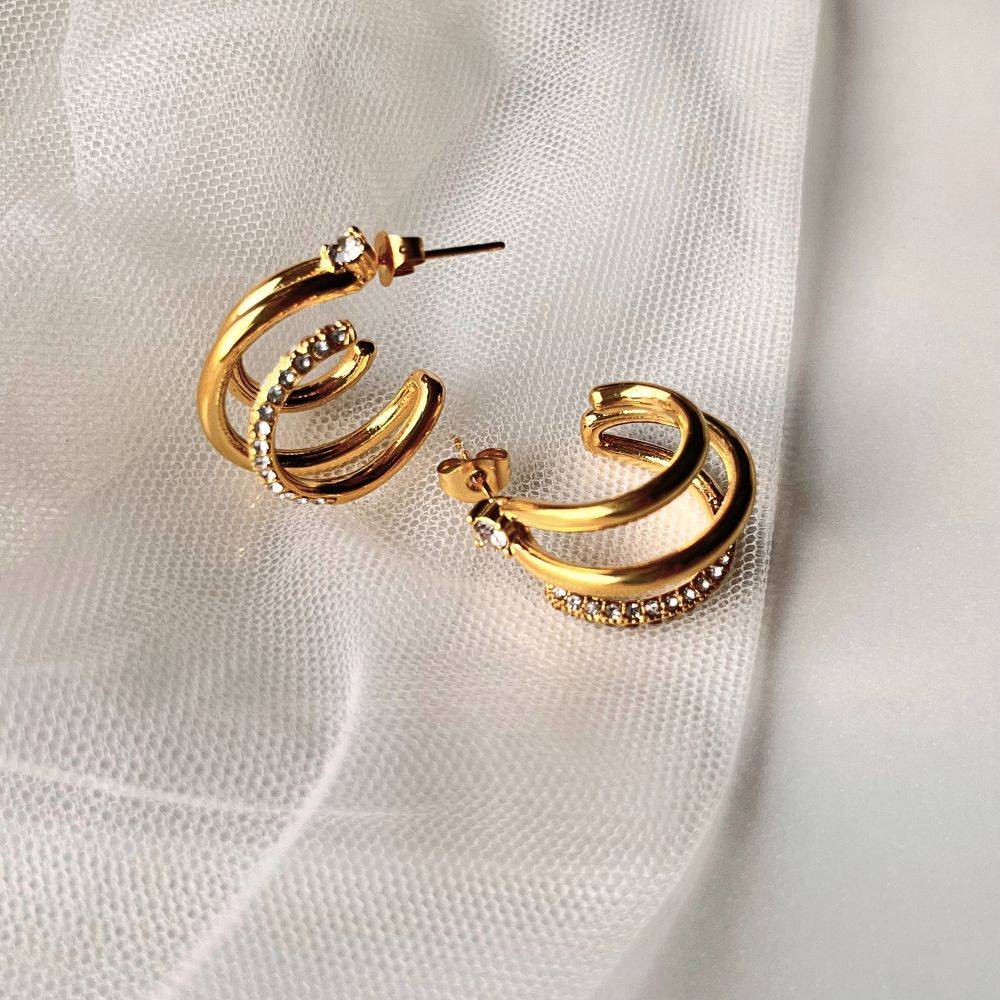 18Kt Gold Plated Triple Hoop Zircon Earrings, Natalie : INNATALIE
