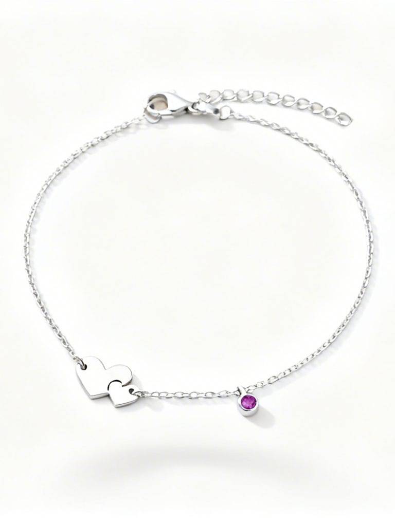 The Amour Bond Double Heart & Amethyst-Hued Silver Anklet : AK1136