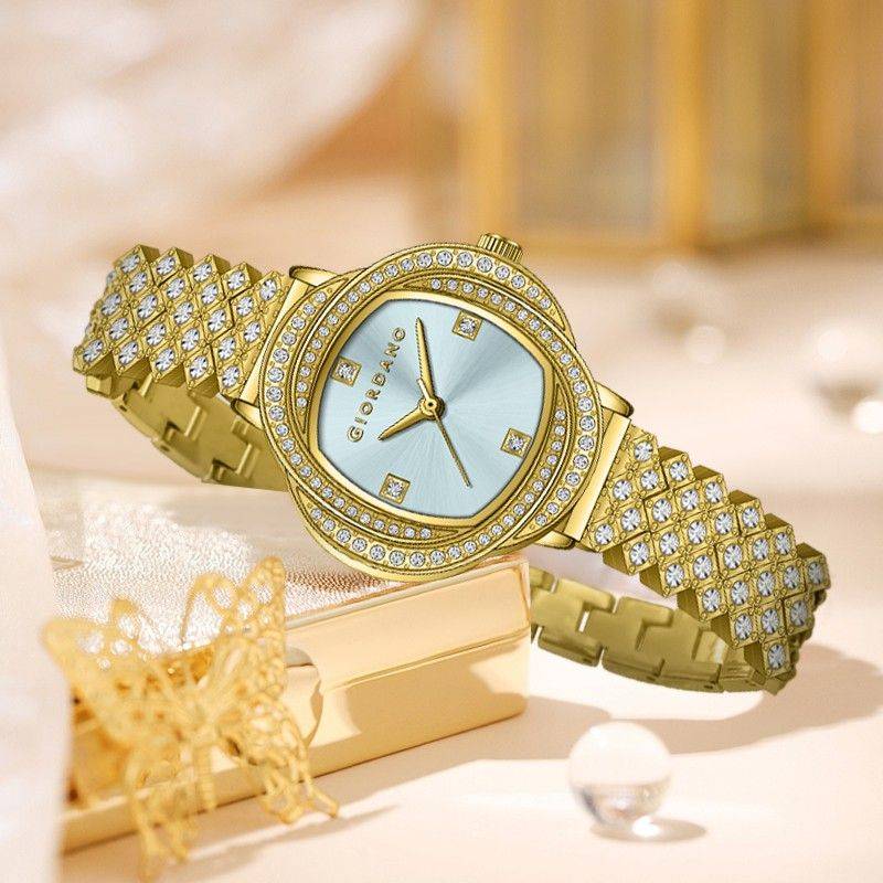 Giordano Luxury Crystal Watch For Women, Stainless Steel Strap, Diamond-Studded Bezel, Elegant Dress Timepiece : GZ-60120-33