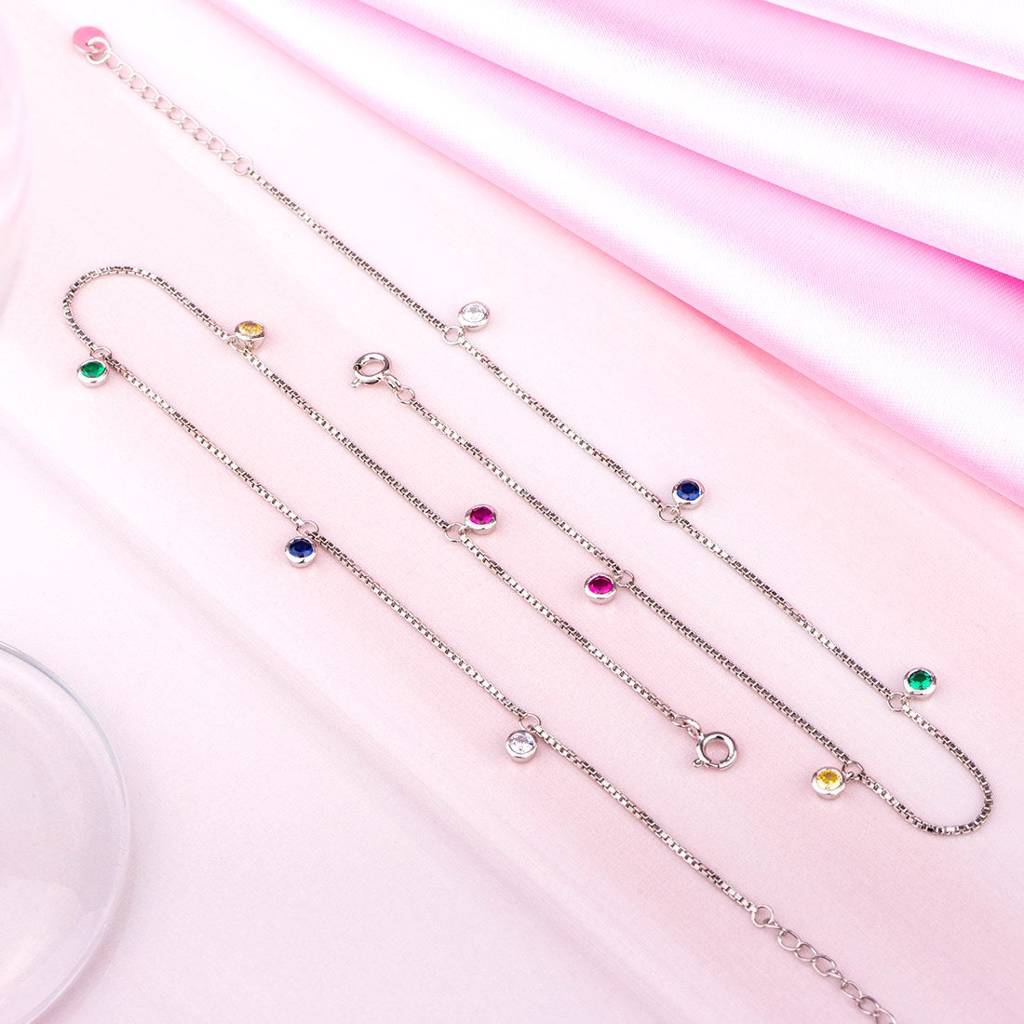 Multi Colour Drops Rhodium Plated 925 Sterling Silver Anklet : ANK-60238-PAIR