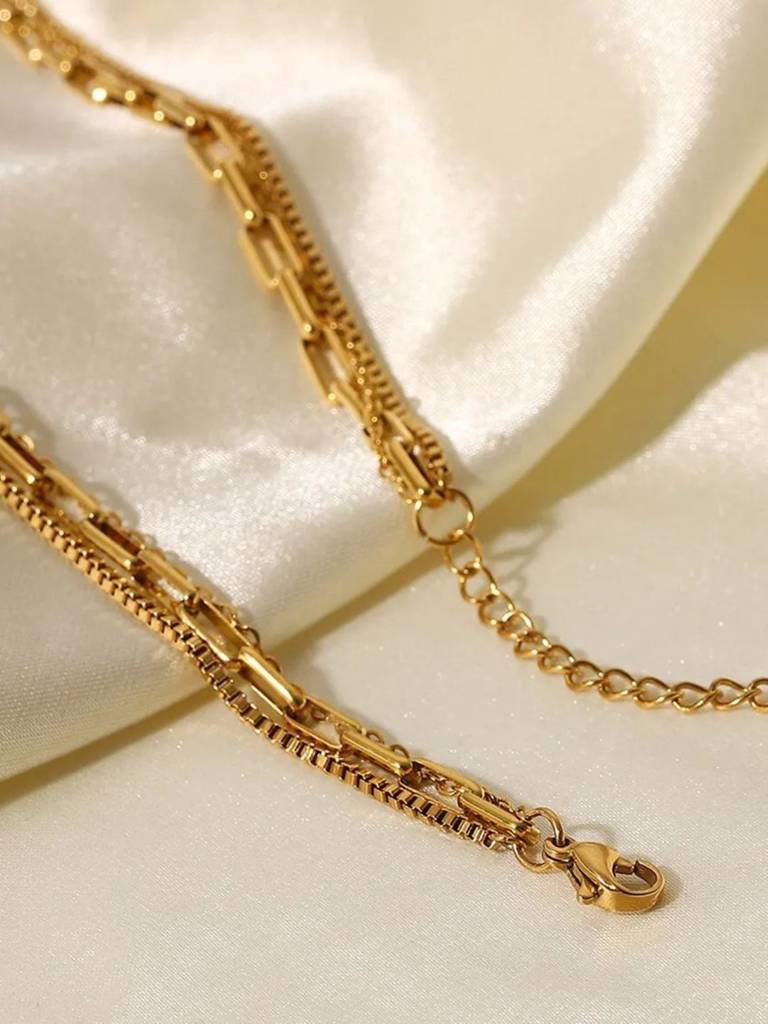 18Kt Gold Plated Triple Layered Snake Paperclip Necklace, Hailey : INHAILEY