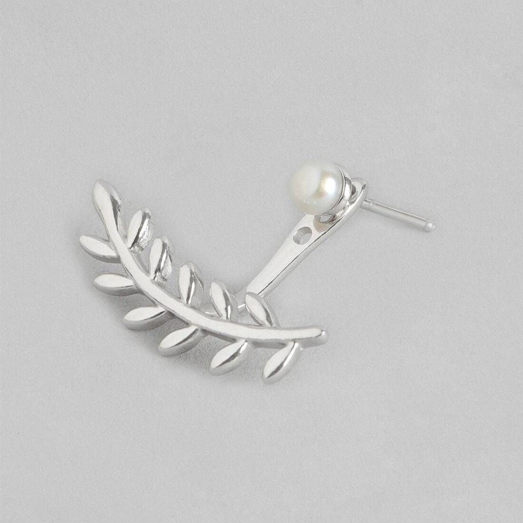 Leafy Pearl Two-Way Rhodium Plated 925 Sterling Silver Studs : EAR-20359