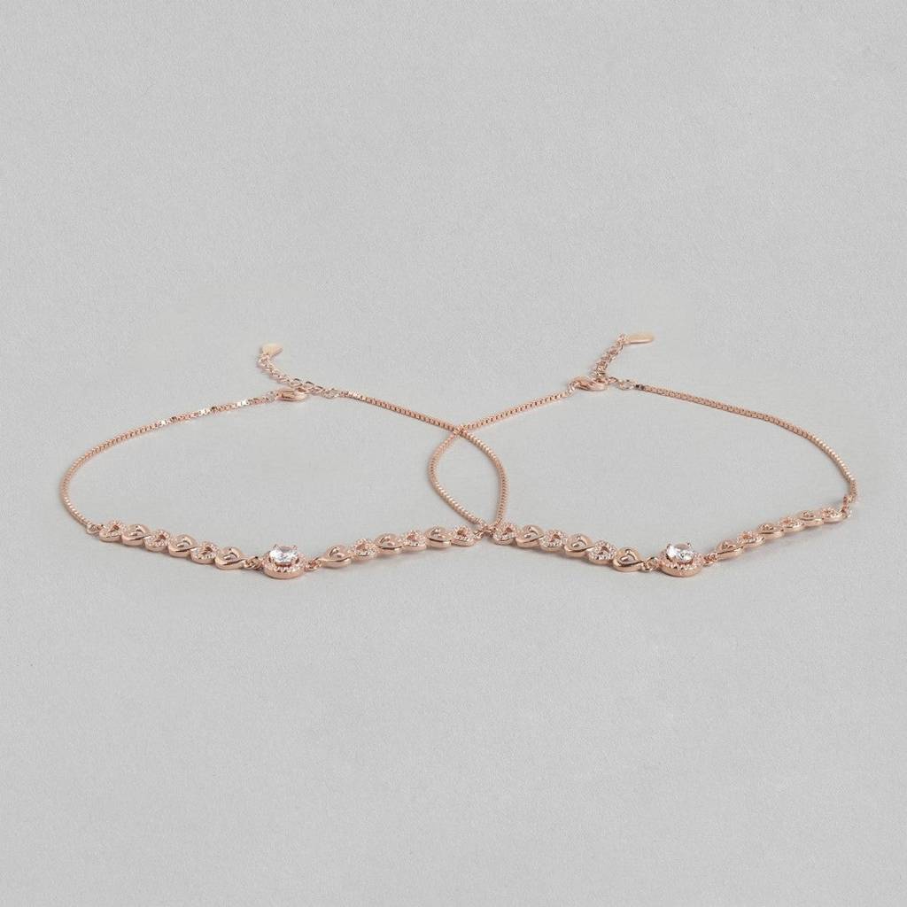 Heart Cubic Zirconia Rose Gold Plated 925 Sterling Silver Anklet : ANK-60329-PAIR-RG