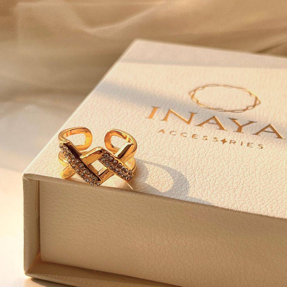 18Kt Gold Plated Cuban X Open Adjustable Ring, Freya : INFREYA-G