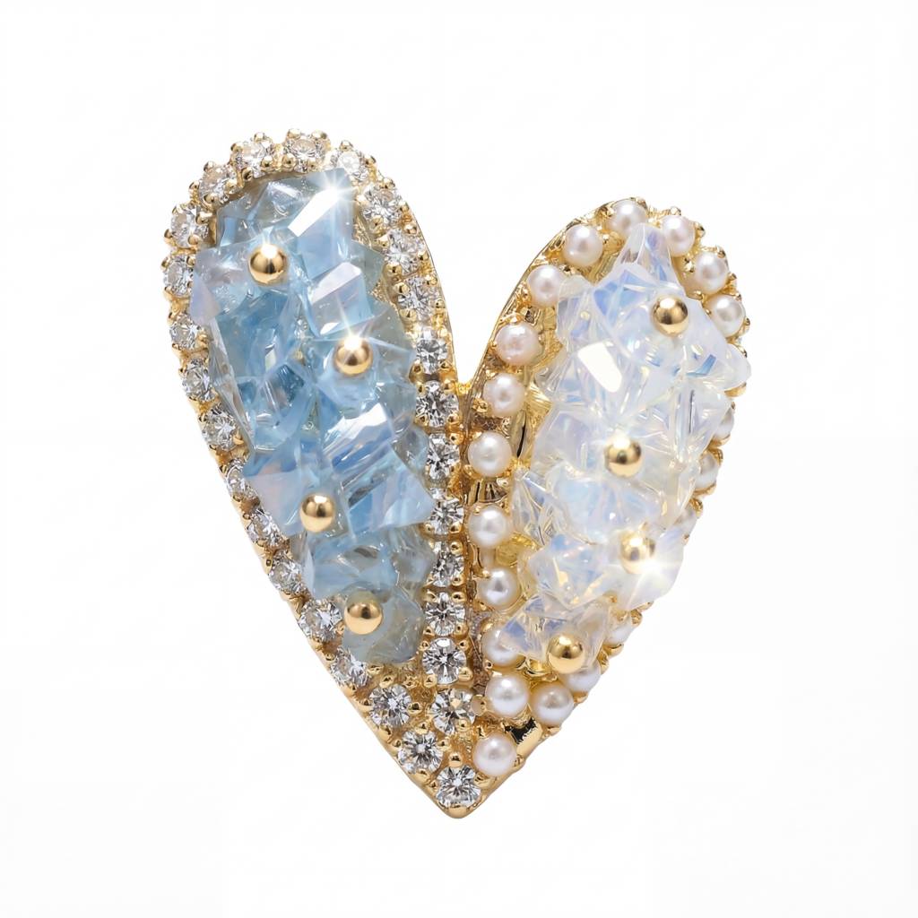 Korean Azure & Frost Jeweled Split-Heart Brooch : YUFSBH002