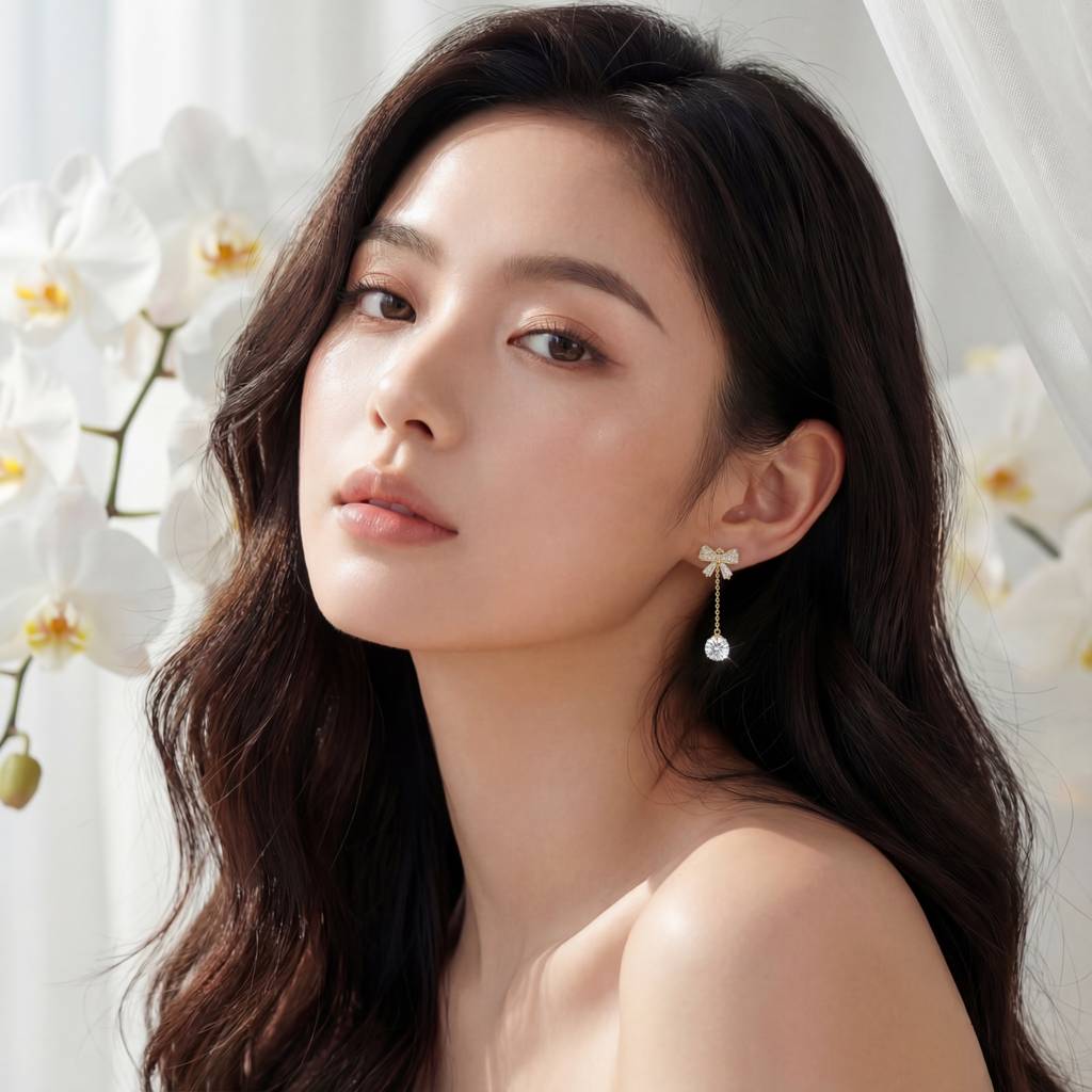 Korean Sparkling Bow & Orb Drop Earrings : YUFSER255