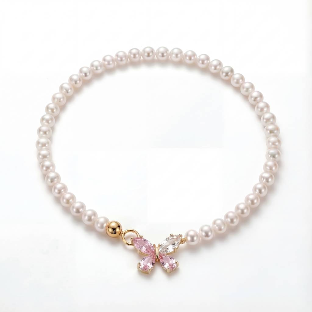 Korean Pink Crystal Butterfly Pearl Choker : YUFSNL249