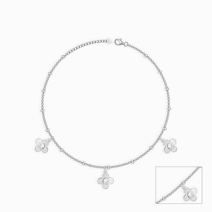 Silver Zircon Clover Charm Anklet : A0037