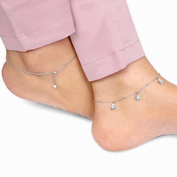 Silver Zircon Clover Charm Anklet : A0037