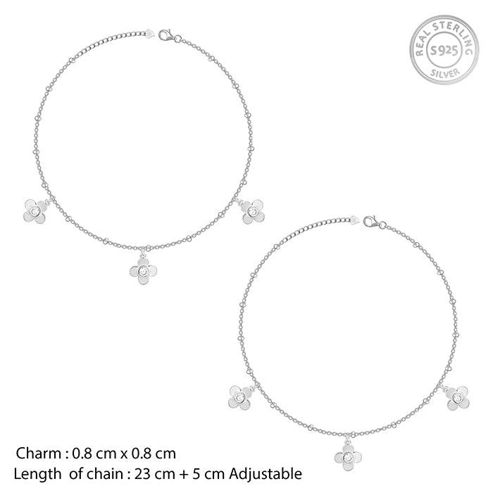Silver Zircon Clover Charm Anklet : A0037