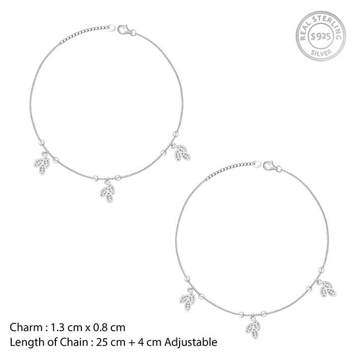 Silver Dangling Triple Leaf Charm Anklet : A0052