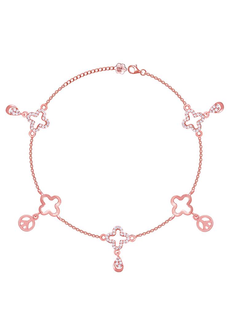GIVA 925 Sterling Silver Rose Gold Pretty Charms Anklet