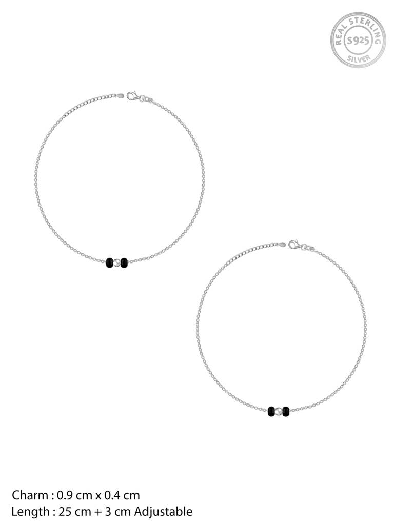 GIVA 925 Sterling Silver Minimal Black Beads Anklet