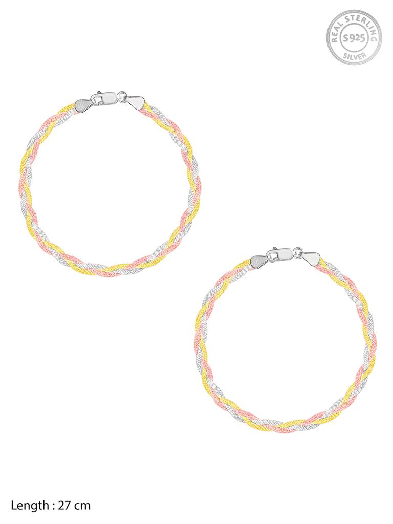 GIVA 925 Sterling Silver Triple Tone Plaited Anklet