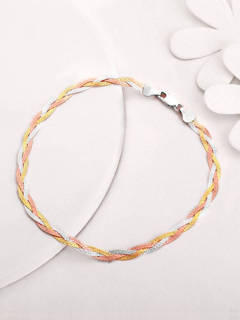 GIVA 925 Sterling Silver Triple Tone Plaited Anklet