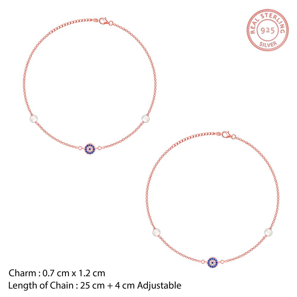 Giva 925 Silver Rose Gold Evil Eye Pearl Ankletare Are Single : A0281