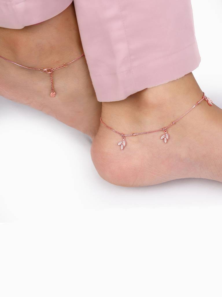 Silver Rose Gold Glowy Leaf Ankletare Are Single : A0304