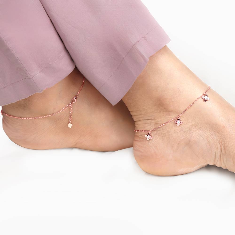 Giva 925 Silver Rose Gold Zircon Clover Charm Anklet,Single : A0323