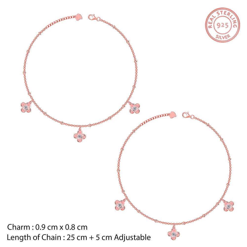 Giva 925 Silver Rose Gold Zircon Clover Charm Anklet,Single : A0323