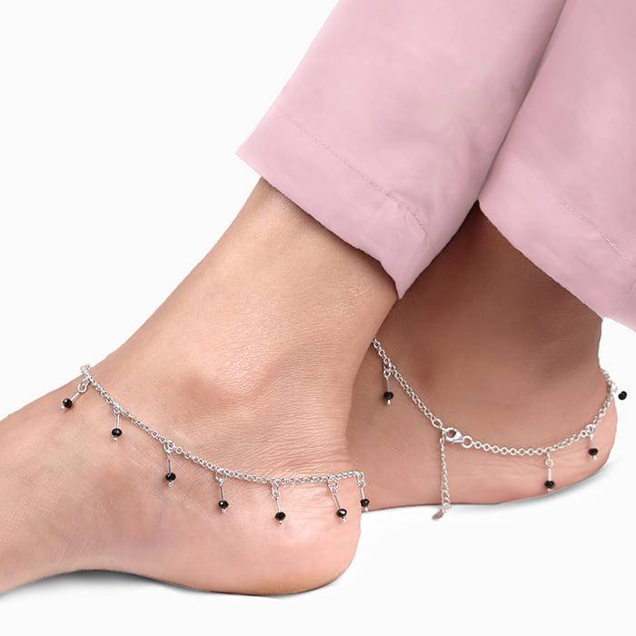 Silver Black Beaded Charm Anklet,Single | Gifts For Women And Girls | With Certificate Of  : A0365