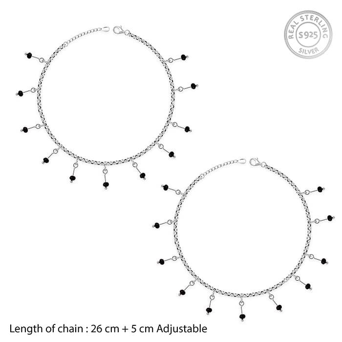Silver Black Beaded Charm Anklet,Single | Gifts For Women And Girls | With Certificate Of  : A0365