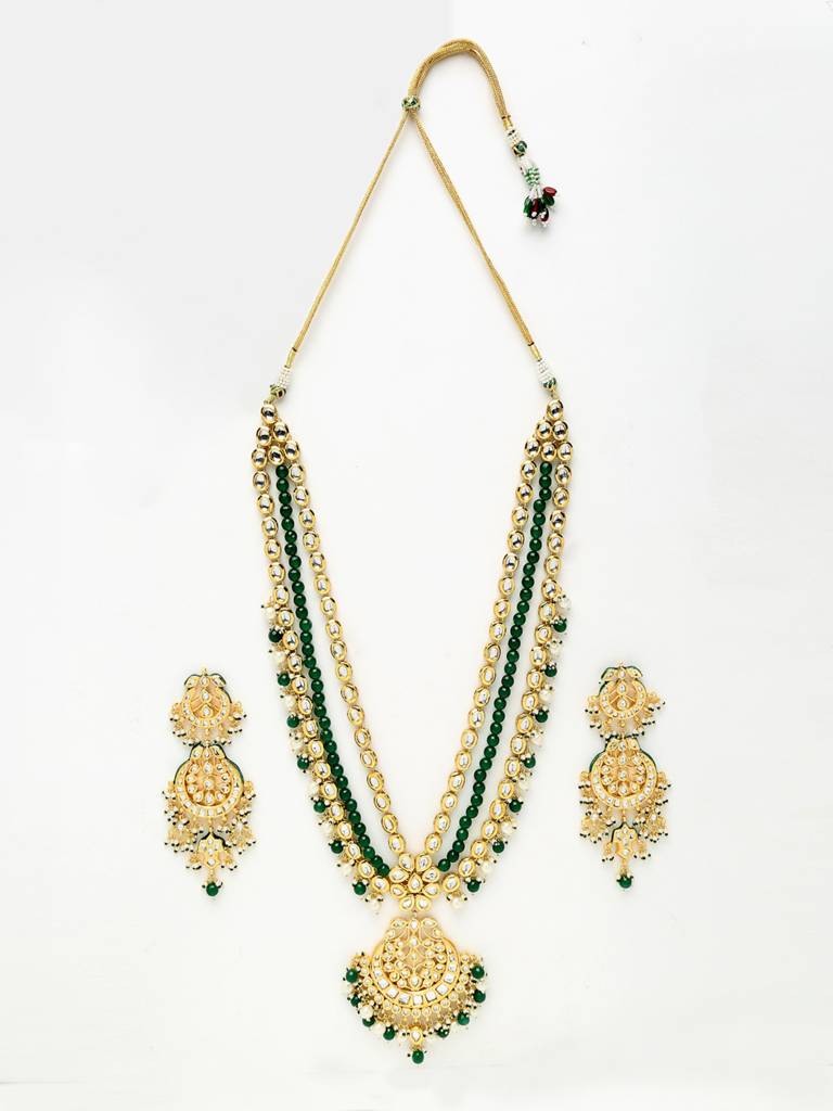 Long Green And Gold Kundan Neckpiece With Earrings : A380-06