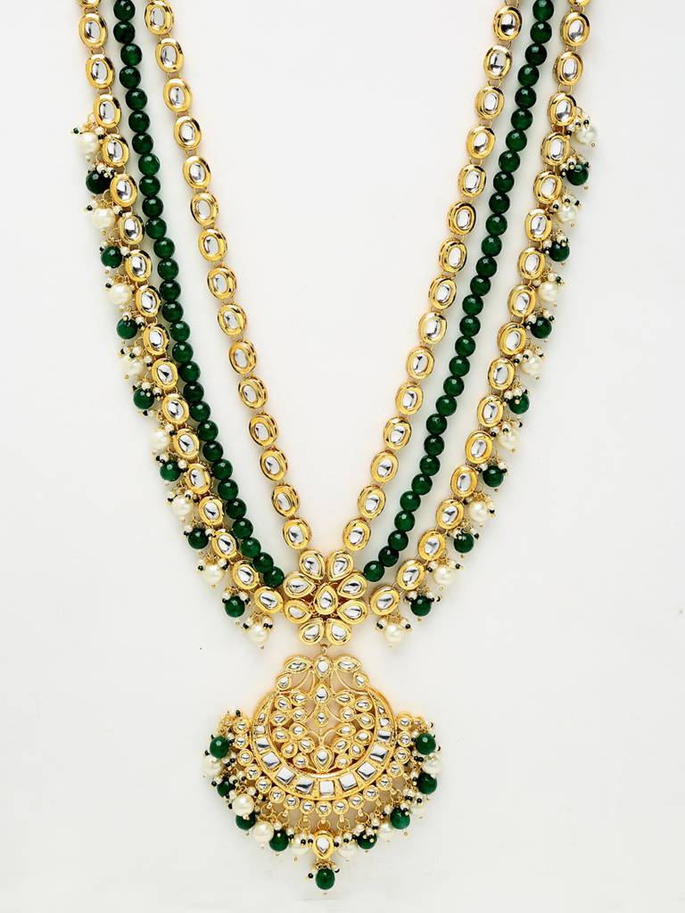 Long Green And Gold Kundan Neckpiece With Earrings : A380-06