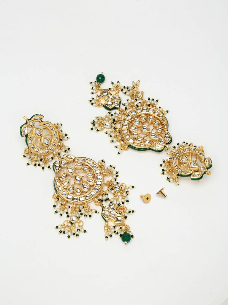 Long Green And Gold Kundan Neckpiece With Earrings : A380-06