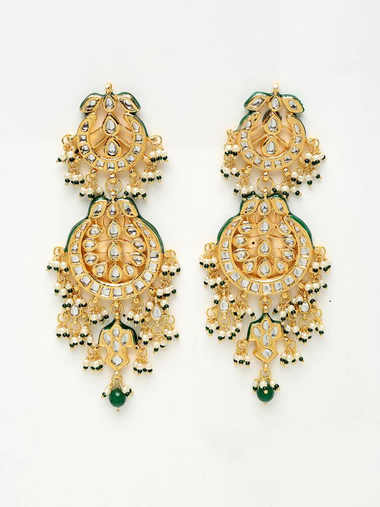 Long Green And Gold Kundan Neckpiece With Earrings : A380-06