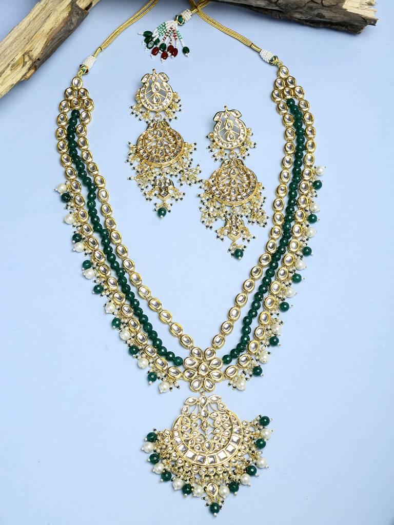 Long Green And Gold Kundan Neckpiece With Earrings : A380-06