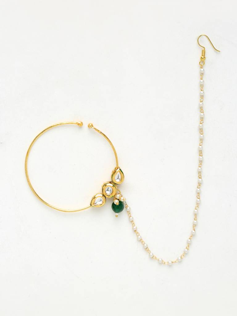 Kundan And Pearl Chained Nose Ring : A380-108