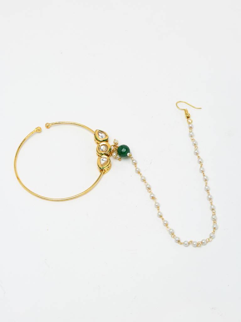 Kundan And Pearl Chained Nose Ring : A380-108