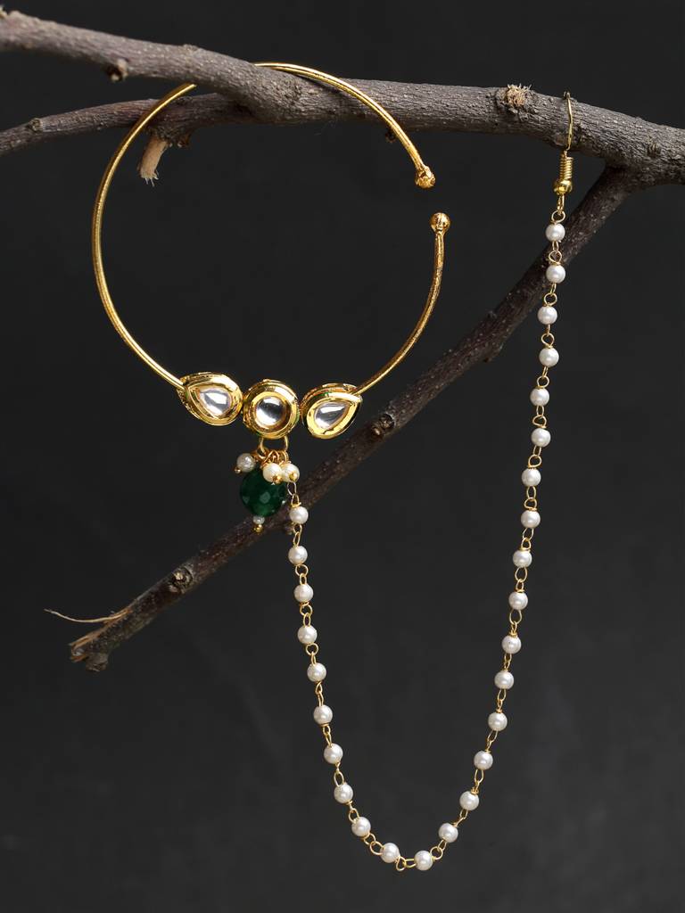 Kundan And Pearl Chained Nose Ring : A380-108